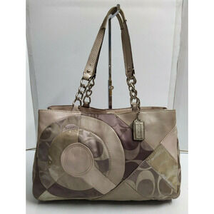 Coach Patchwork Inlaid Grey Canvas Leather Chain Strap Tote Shoulder Bag